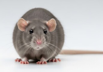 Close up of a gray rat facing forward isolated on white background