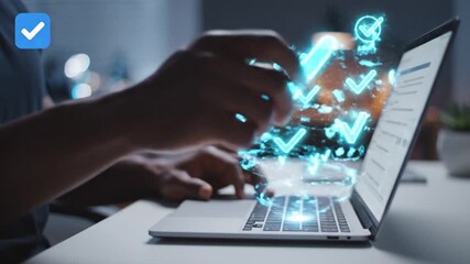 Digital checklist glowing neon checkmarks spiral over laptop keyboard as person types - Powered by Adobe