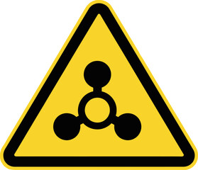 A yellow triangular warning sign depicting the international chemical weapon hazard symbol, indicating extreme danger from toxic warfare agents