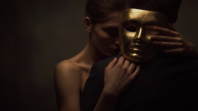Woman embracing a man from behind in dim light, holding a golden mask to her face, with shadows and soft tones creating an atmosphere of secrecy, emotional complexity and hidden intentions