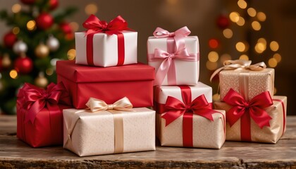 Festive Gift Boxes with Holiday Decorations and Bokeh Lights