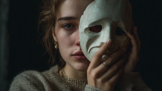 Young woman holding a white theatrical mask beside her face, with melancholic expression and soft natural light on dark background, symbolizing hidden identity and emotional vulnerability