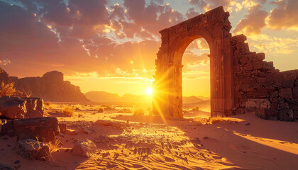 Ancient stone archway, mystical portal in desert landscape at sunrise, golden light, weathered ruins.
