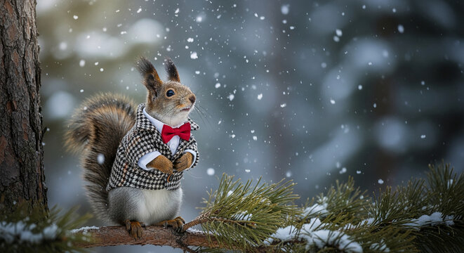 Squirrel wearing patterned jacket and red bow tie, sitting on a branch during snowfall, resembling elegance, refinement and celebration of winter season