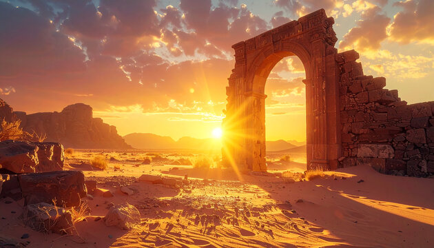 Ancient stone archway, mystical portal in desert landscape at sunrise, golden light, weathered ruins. - Powered by Adobe