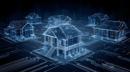 Digital blueprint-style houses emerging from a glowing circuit grid.  Concept: technology as the foundation of modern housing, symbolizing innovation, connectivity, smart digital living.
