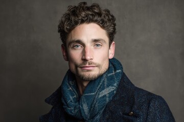 Obraz premium Handsome adult man with curly hair wearing a warm outer garment and patterned neck wrap