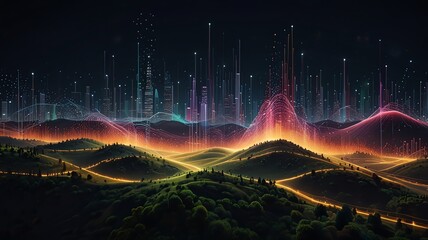 Abstract digital landscape with glowing lines and vibrant energy bursts over rolling hills and dark sky.