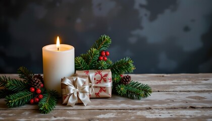Festive Holiday Decoration with Candle and Pine Berries