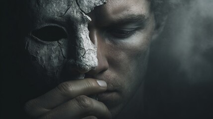 Man holding a cracked white mask covering half his face with visible tension in expression, gothic dark background with fog and dramatic lighting, concept of dual identity and inner conflict