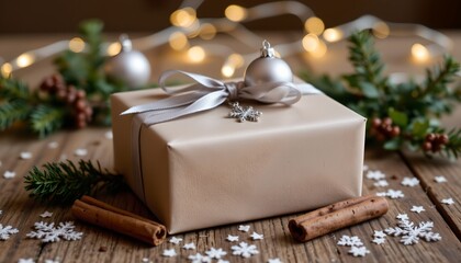 Festive Gift Box with Holiday Decorations and String Lights