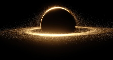 A celestial body with a glowing ring, surrounded by a swirling golden aura in the vast darkness