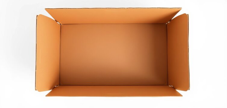 High-angle view of empty cardboard mailing box mockup on white background, overhead, business