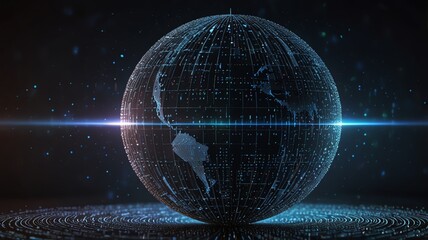 Digital globe with glowing grid and blue light beam, futuristic data sphere representing global connection and technology.