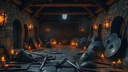 raid. Interior of a Viking-style hall with split wooden shields and broken weapons scattered across the stone floor. event programs.