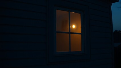 temporary. Temporary light glowing in an empty house window during dusk. real-estate listings, architecture portfolios, designed for real-estate listing and luxury residence showcases.