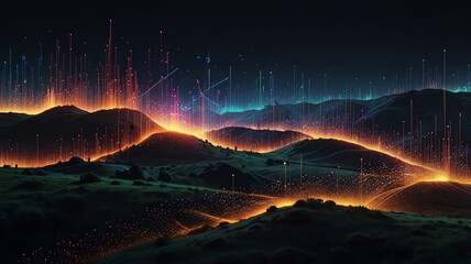 Glowing digital landscape with abstract light streams over mountains.
