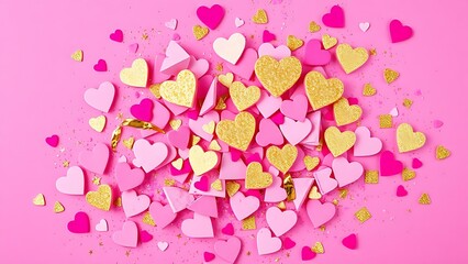 chaos. Pink and gold glitter composition with heart shapes. lifestyle magazines, social media lookbooks, designed for lifestyle magazines and social media content, used by it administrators.