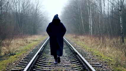 A cloaked figure walks down a railway track into the distance, framed by a forest and foggy sky