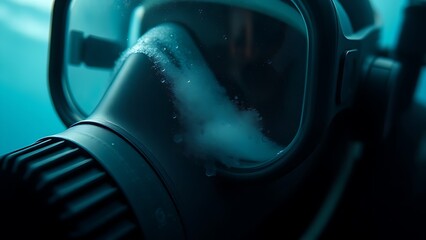 diver. A diver's mask with condensation on the glass surface. mobility guides, transit brochures, designed for transport & logistics marketing, used by videographers.