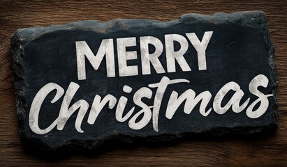 A black slate with the text Merry Christmas written in white cursive on a wooden background appearing hand drawn for holiday season decoration