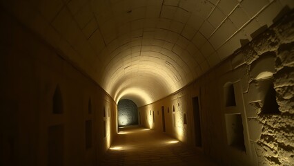 catacomb. An ancient stone tunnel with an arched ceiling and carved wall niches. real-estate listings, architecture portfolios, designed for real-estate listing and luxury residence showcases.