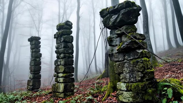 Stone columns, moss-covered, stand in a foggy forest with tall trees and leaf-covered ground