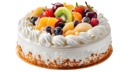 Elegant layered fruit cake with rich colorful toppings and refined sweet presentation captured in clear detail on white background