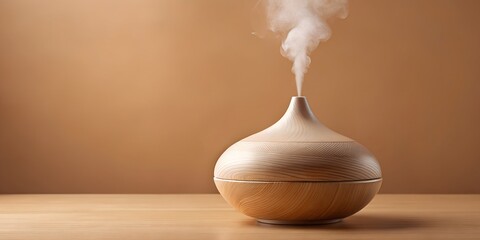 Elegant wooden aroma diffuser releasing calming mist for a peaceful ambiance, perfect for wellness promotions and serene home decor concepts