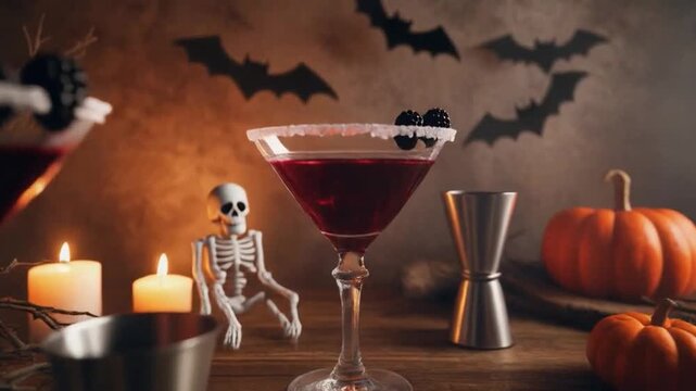 Halloween Themed Table Setting with Cocktails, Pumpkins, and a Skeleton drink martini