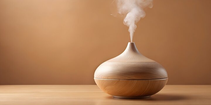 Elegant wooden aroma diffuser releasing calming mist for a peaceful ambiance, perfect for wellness promotions and serene home decor concepts
