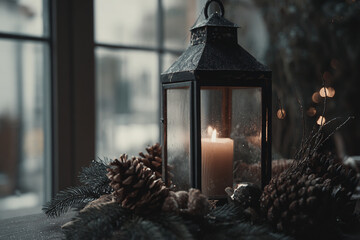 Vintage metal lantern with glowing candle inside, surrounded by pine cones, evergreen branches, tiny ornaments