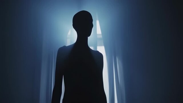 A silhouetted figure stands facing right, illuminated by a bright light from behind a curtained space
