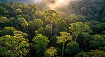 Aerial view of a dense green rainforest canopy with morning sunlight