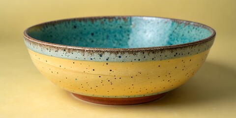 Handcrafted ceramic bowl in vibrant yellow and turquoise tones, perfect for a modern kitchen or rustic dining scene, adding warmth and artistic flair