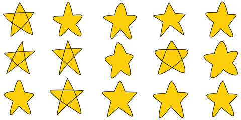 Hand-drawn cartoon set of yellow stars on a white background.