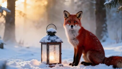 Red fox sitting beside a glowing lantern in a snowy forest during golden hour
 - Powered by Adobe