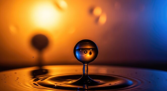 Water drop collision with ripples on a surface in orange and blue light