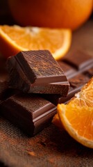 Rich dark chocolate squares artfully arranged with juicy orange slices, creating a tantalizing contrast of deep brown and vibrant citrus tones on a rustic textured surface