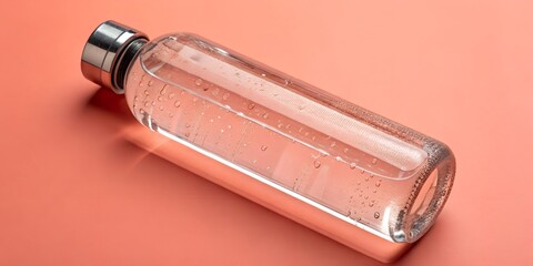 Stay refreshed with a sleek reusable water bottle, promoting hydration and wellness in a stylish clear design against a vibrant coral backdrop