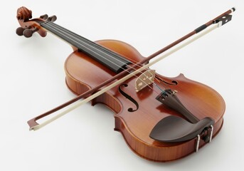 Acoustic violin with bow isolated on off white background