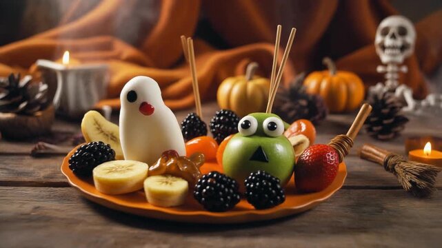 Hands arranging a Halloween fruit platter with ghost and frog shaped treats and spooky decorations food art