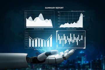 A captivating image of a robotic hand presenting digital summary reports. The graphics feature various data analytics, growth trends, and charts against a modern backdrop. Impute