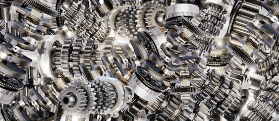 A panoramic background wallpaper of car parts. A collection of metal mechanical engine components, such as the gearbox and crankshaft from an internal combustion engine. Light shines through the parts
