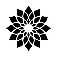 Symmetrical black floral mandala with layered petal design, centered on a white background, creating a clean, graphic, and stylized, spiritual ambiance.
