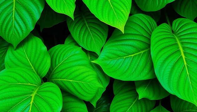 Large vibrant green tropical leaves with intricate veins, overlapping to create a dense jungle pattern,  texture,  natural - Powered by Adobe
