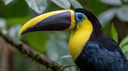 Obraz premium Vibrant toucan with striking yellow and black plumage perched on branch, showcasing its large distinctive beak against lush green tropical forest backdrop