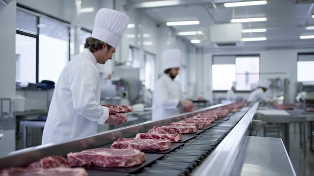 Chefs in white attire inspect cuts of raw meat on a conveyor belt in a food processing facility
