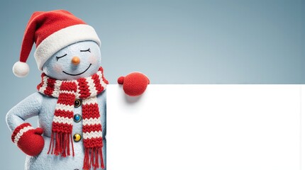 Joyful snowman wearing a santa hat and scarf holding a blank sign