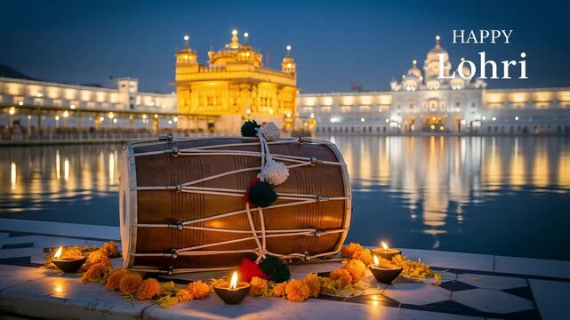 Image is a serene and atmospheric photograph featuring a traditional Indian drum, known as a dhol, prominently placed in the foreground on a stone surface. The dhol is cylindrical, with a wooden body 
